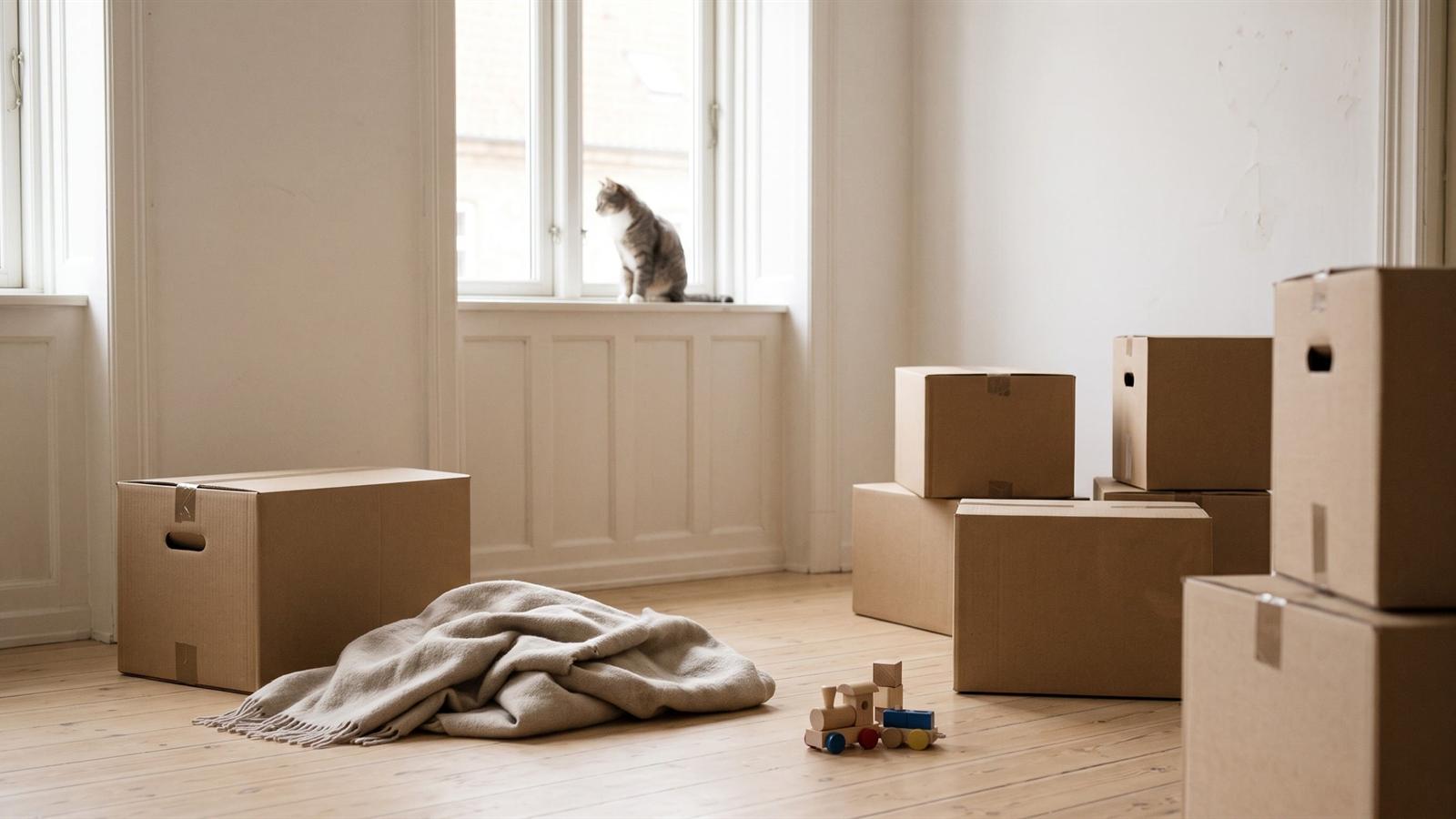 Stue i en ny bolig med flyttekasser og en kat ved vinduet