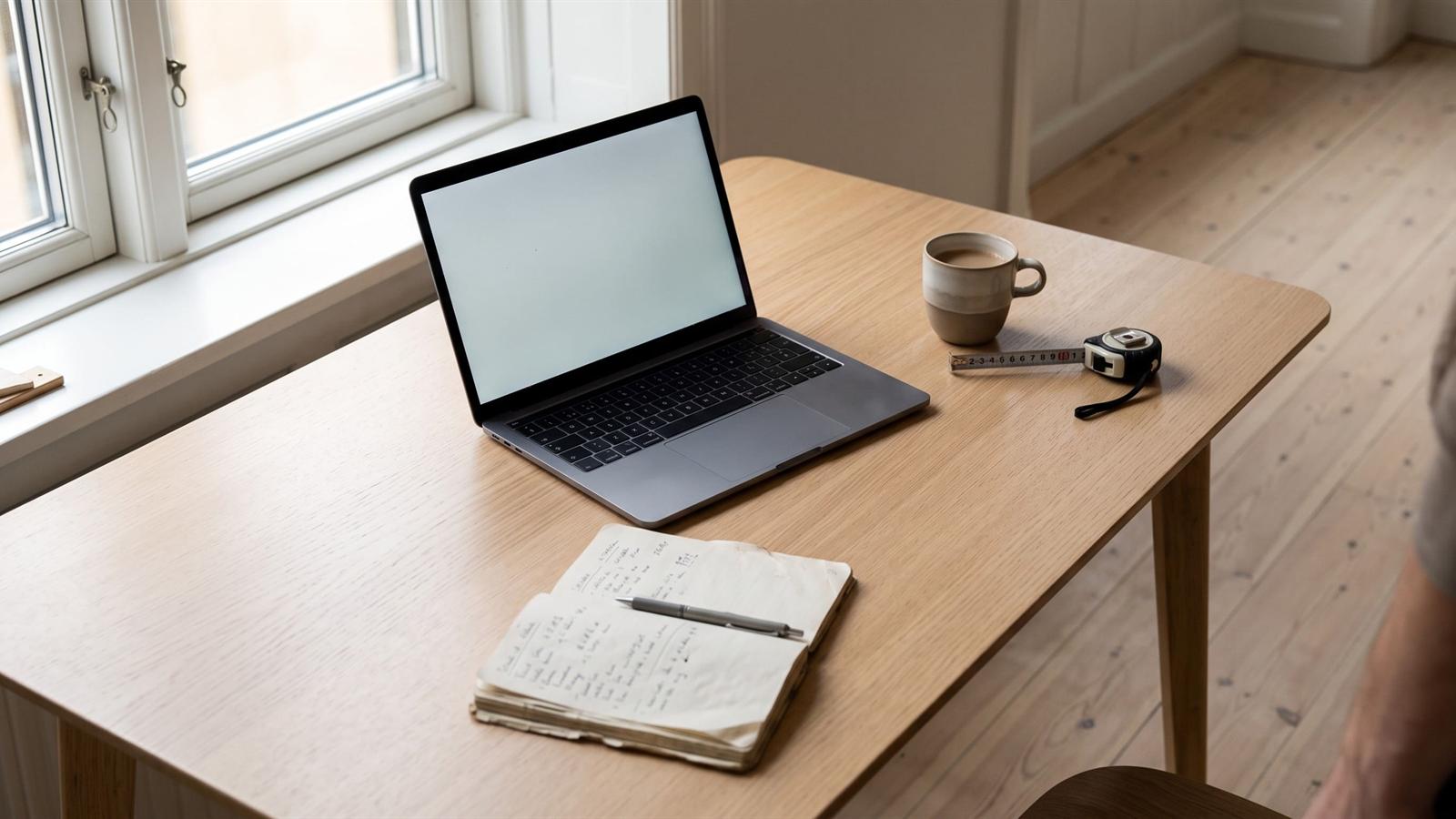 Skrivebord med laptop, notesbog og målebånd ved et vindue