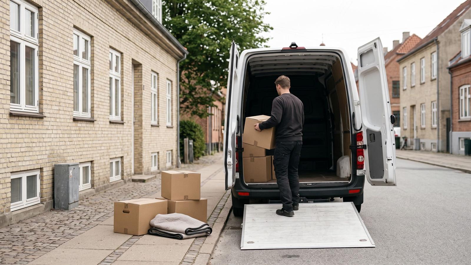 Hvid varevogn med åbne bagdøre i en stille villavej